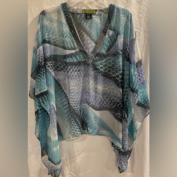 Tops - Philippe Tarsier 100% Silk Blue & Teal Blouse With Beaded Neckline